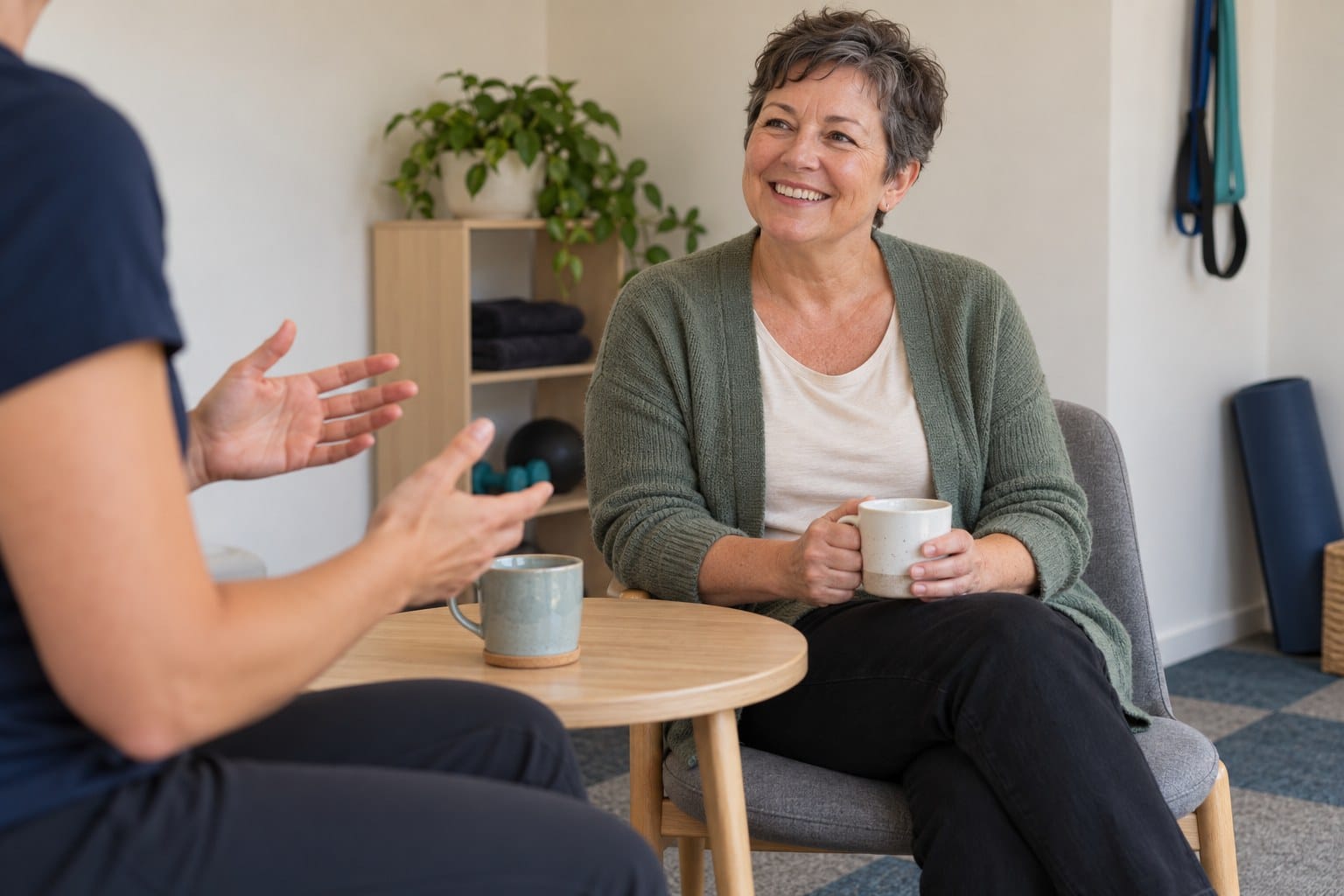 A smiling woman chatting with a trainer over a cup of tea