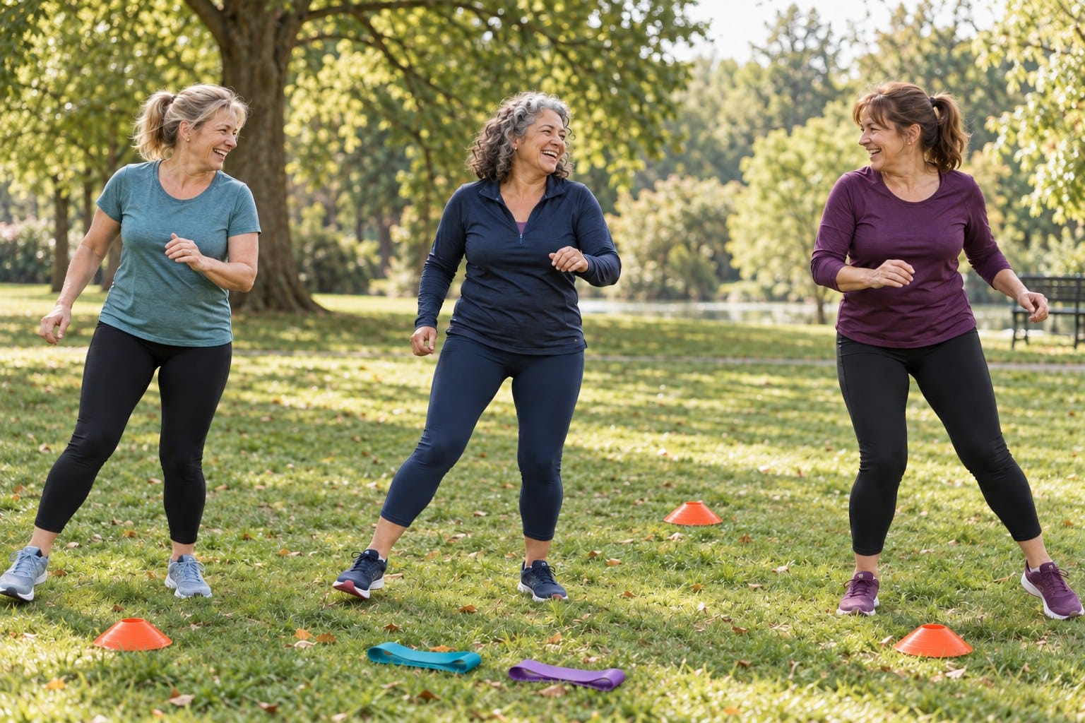 Three women enjoying an outdoor workout in a park, with resistance bands and cones on the grass